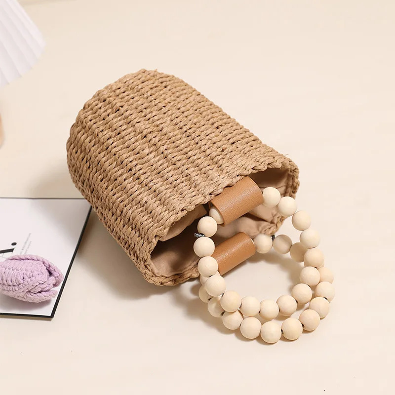 Fashion Wooden Beading Women Handbags Paper Woven Hand Bags Casual Summer Beach Bucket Bag Bali Small Tote Female Purses 250811