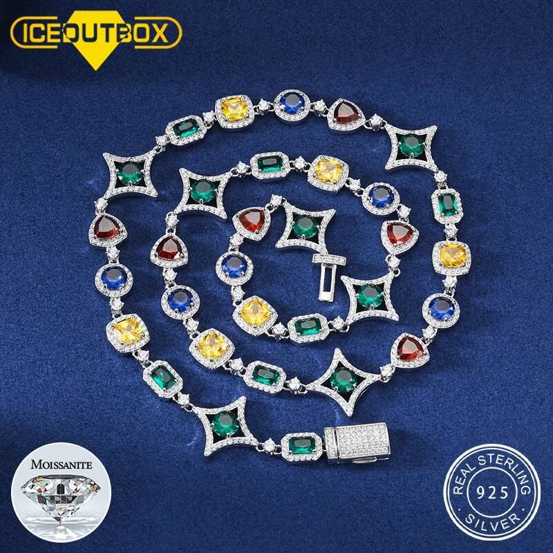 New Moissanite Diamond Colorful Christmas Star Link Chain For Women 925 Sterling Silver Iced Out Bling Necklace Man Jewelry Gift