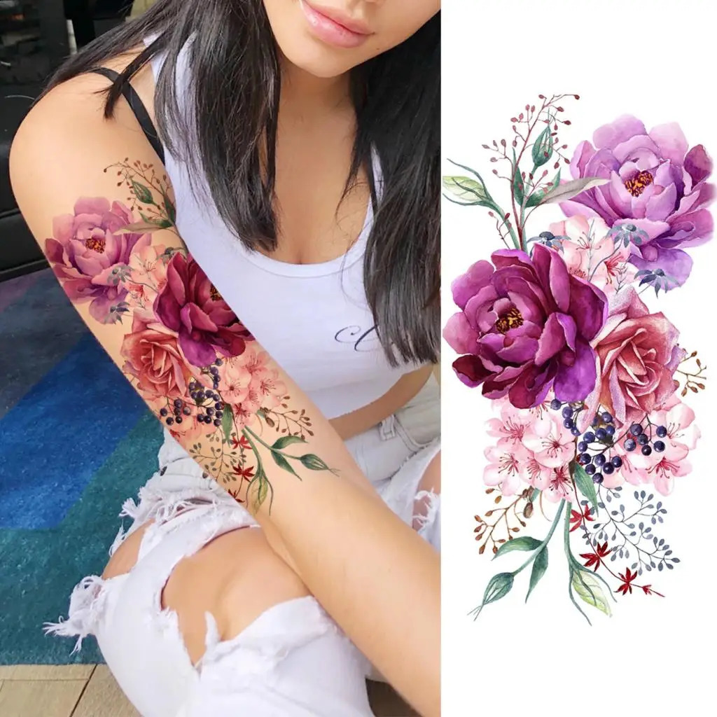 Watercolor Peony Flower Temporary Tattoos For Women Adult Girl Rose Butterfly Tattoo Stylish Waterproof Arm Tatoos Sticker 250809