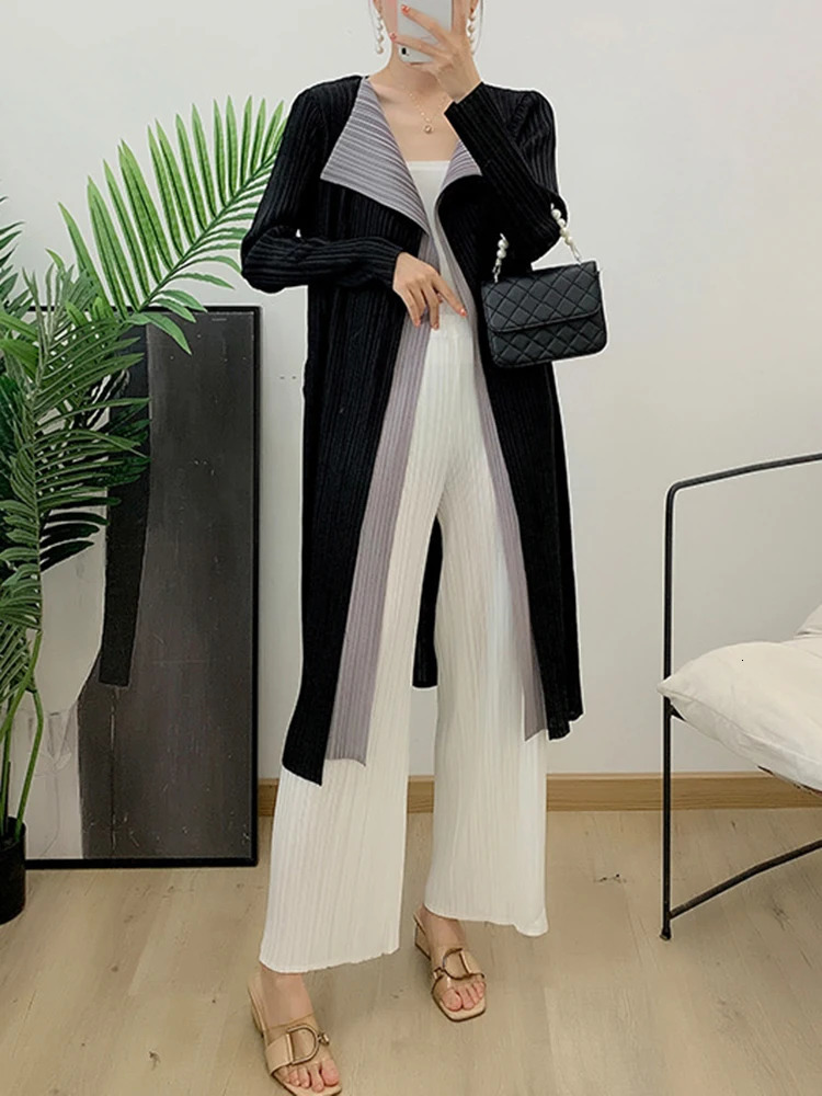 Miyake Double Layer Color Block Pleated Trench Coat Women Long Sleeve Lapel Medium Cardigan Elegant Windbreaker Lady 250809