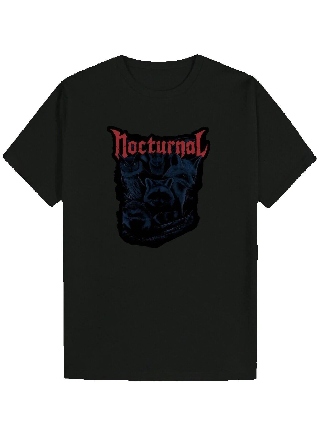 Men's Round Neck Polyester with 'NOCTURNAL' Cat Print, Regular Fit, Slightly Stretchy Fabric, Perfect for Wear, Summer Casual Wear Prin