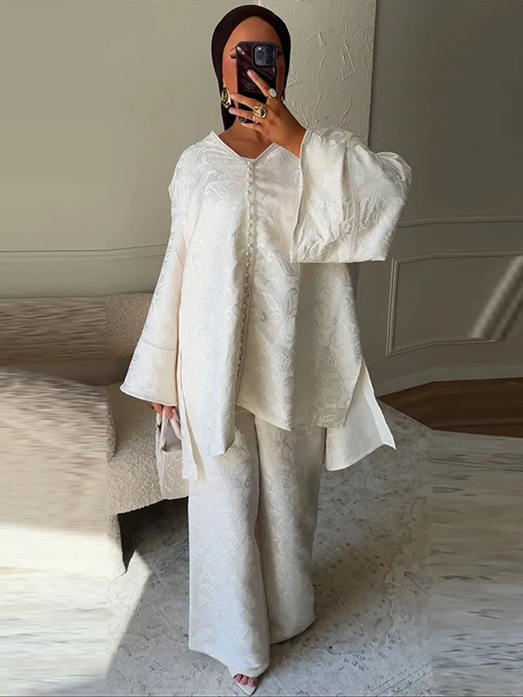 Womens Fashion Jacquard Top And Pant Set Loose Vneck Irregular Hem Wideleg Trouser Lady Chic Vintage Court Outfits 250811