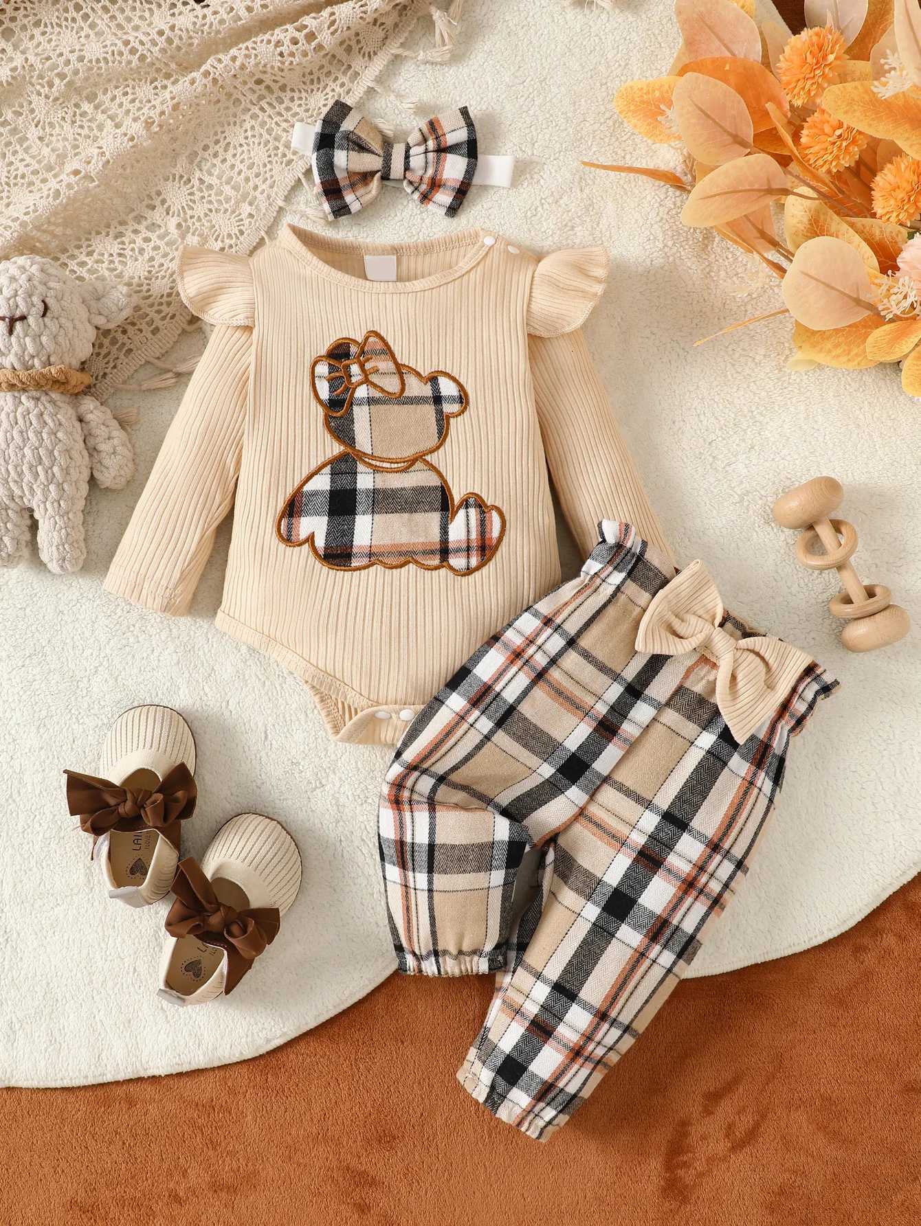 Baby Girl and Child Spring and Autumn Apricot Round Neck Bear Long Sleeve Jumpsuit and Bow Plaid Pants with Headband Set Z250811