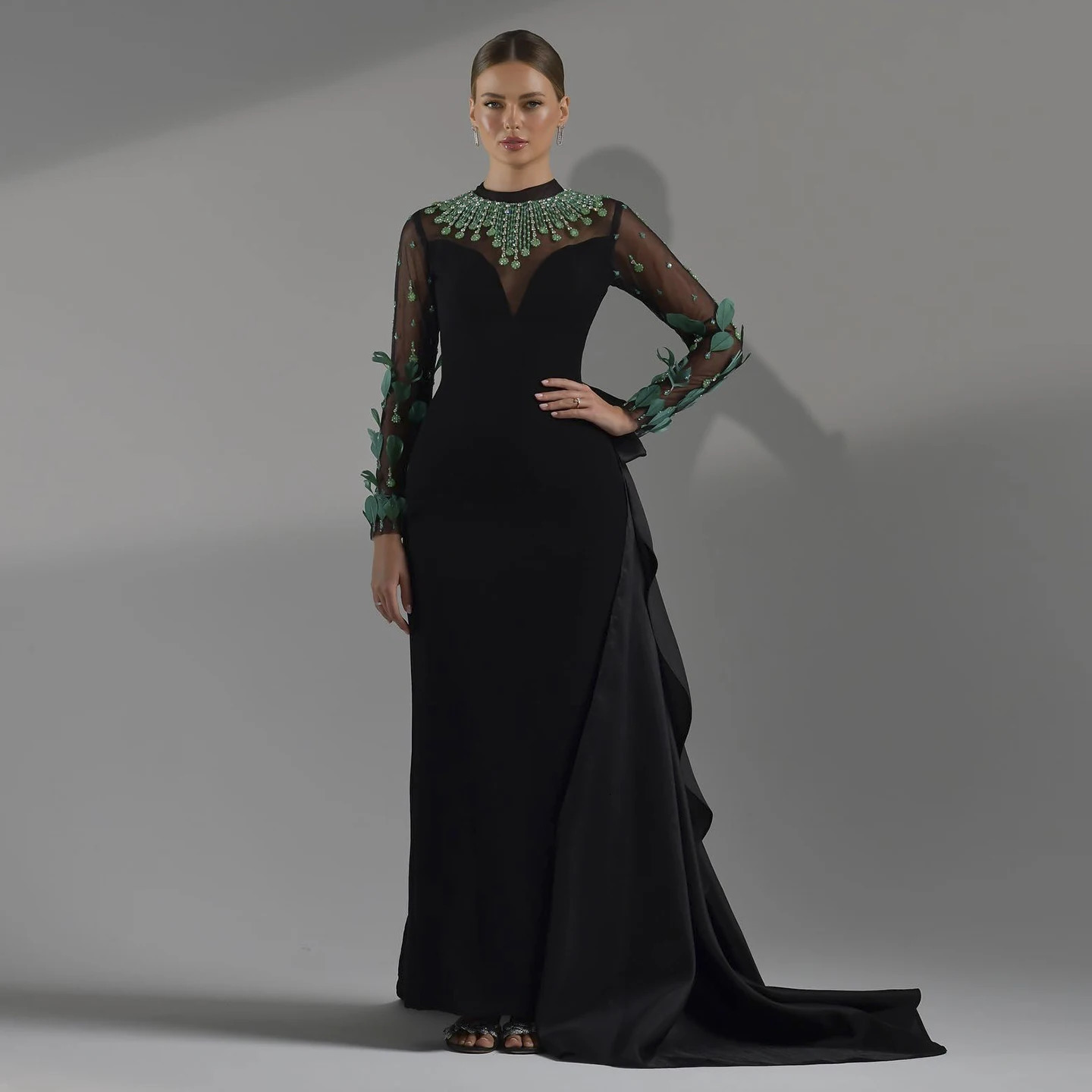 Sharon Said y Dubai Emerald Green Feathers Black Evening Dress Long Sleeves Arabia Women Formal Party Gown SS457 Customized 250811