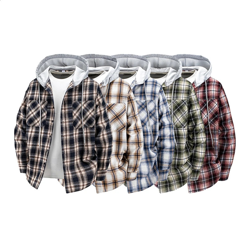 Hooded mens and womens wearable plaid shirts Japanese shirt jackets for spring fall loosefitting longsleeve 250808
