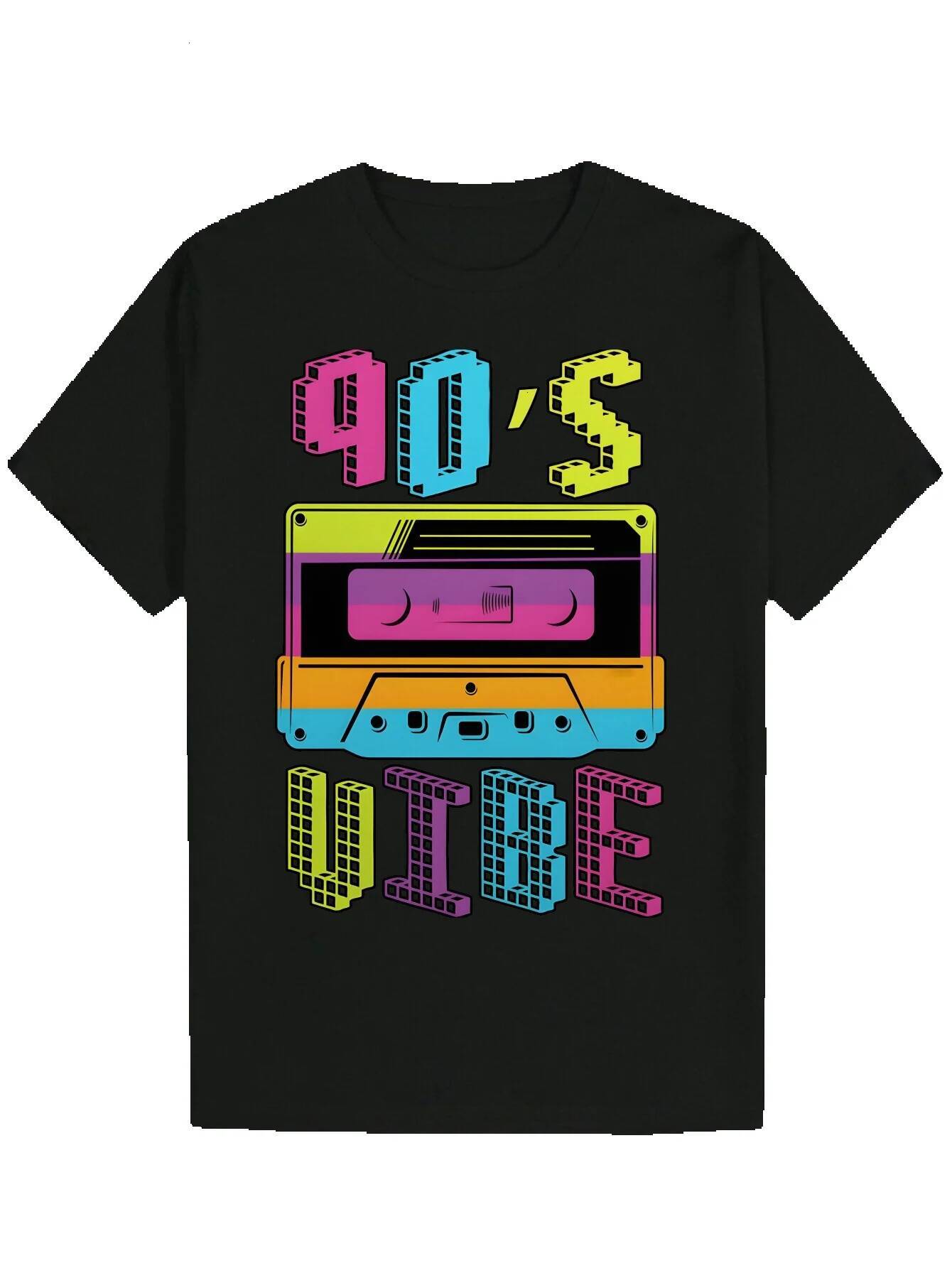 s Cassette Tape Pattern Black Polyester Crew Neck T Shirt with Vibrant Text Men Summer Casual Style Music Themed Clothing Design Smooth db c df a e