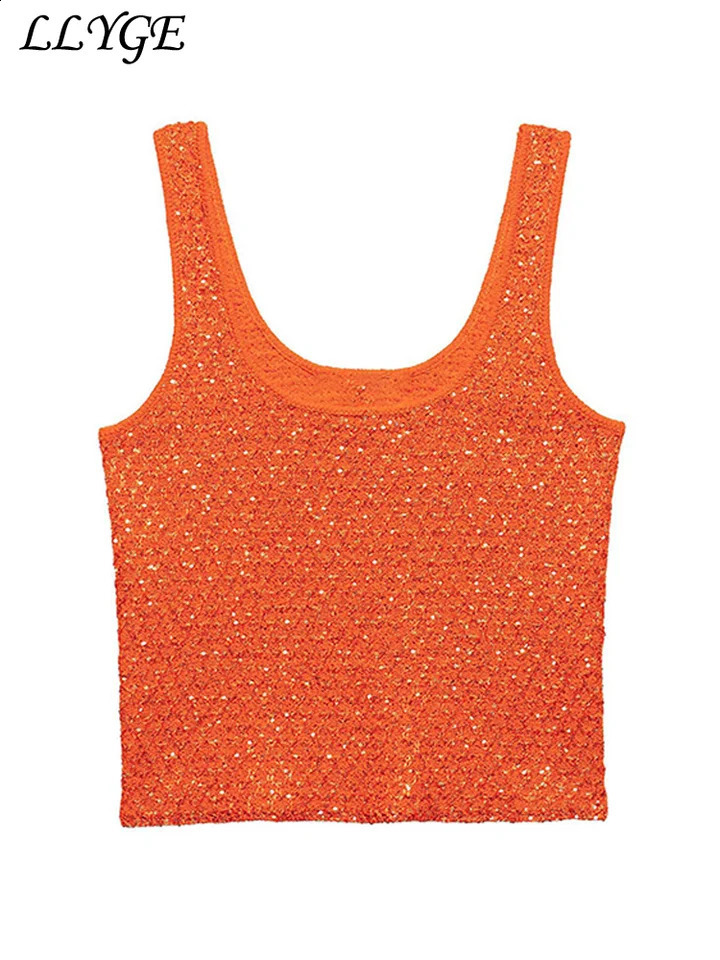 Street Womens Knit Sequined Vest Y2k O-neck One Button Short Sleeve Female Tops 2025 Summer Lady Sexy Chic Knitwear In 250811