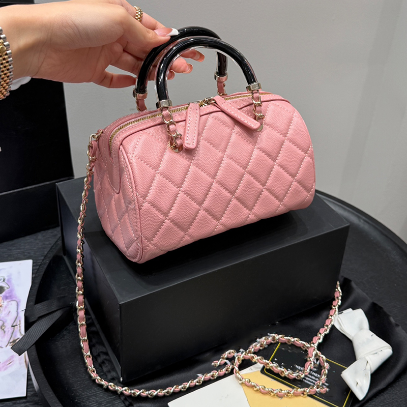 25p Bowling Bag Acrylic Handle Luxury Handbag Cosmetic Bags Fashion Ladies Shoulder Bags Caviar Genuine Leather Gold Metal Buckle Dinner Sacoche Wallet 19cm