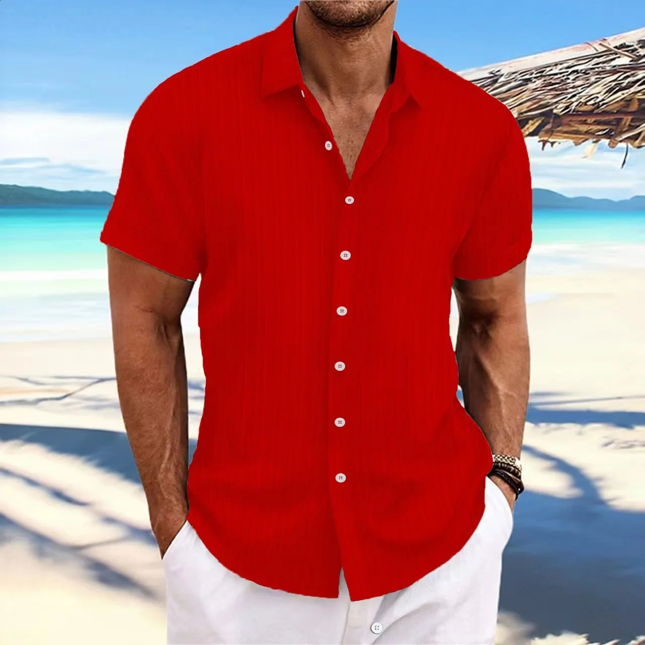 Solid Color Jacquard Wave Strip Short-sleeved Shirt Europe And The United States Mens Daily Casual Cardigan Fashion Trend 250811