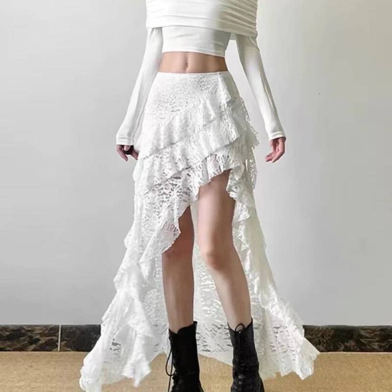 2025 Summer New Women's Sexy High Waist Lace Ruffle Skirt Women's Spring fashion Irregular Y K Skirt Women's Fashion Black Patch Party 
