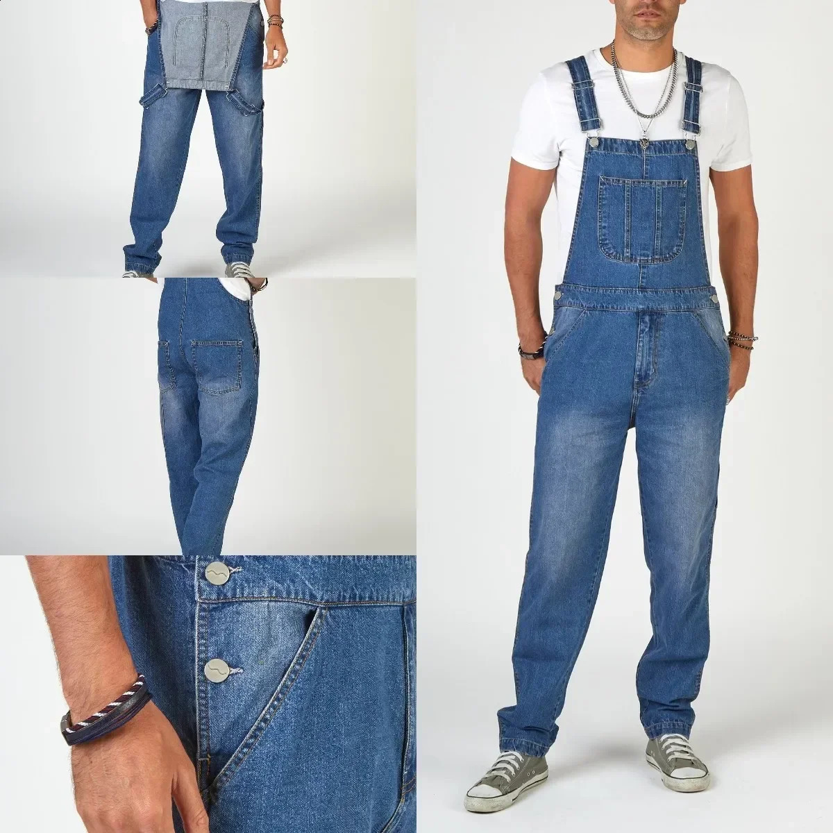 Men Jeans Denim Overalls Jumpsuits Pencil Pants Solid Washing Mid Waist Cargo Pockets Casual Ankle Length 2025 Ropmer 250729