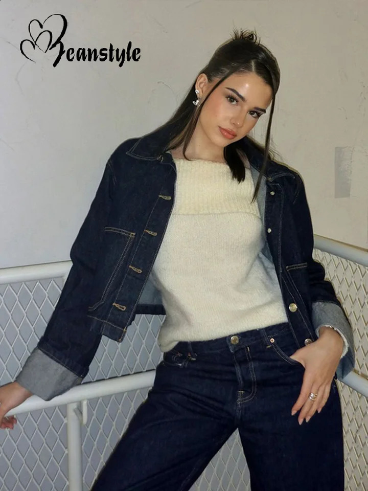 Patchwork Denim Women Skirt Suits Turn-down Collar Single Breasted Coat Mini Skirts 2025 Spring Fashion Lady 2 Pieces Sets 250811