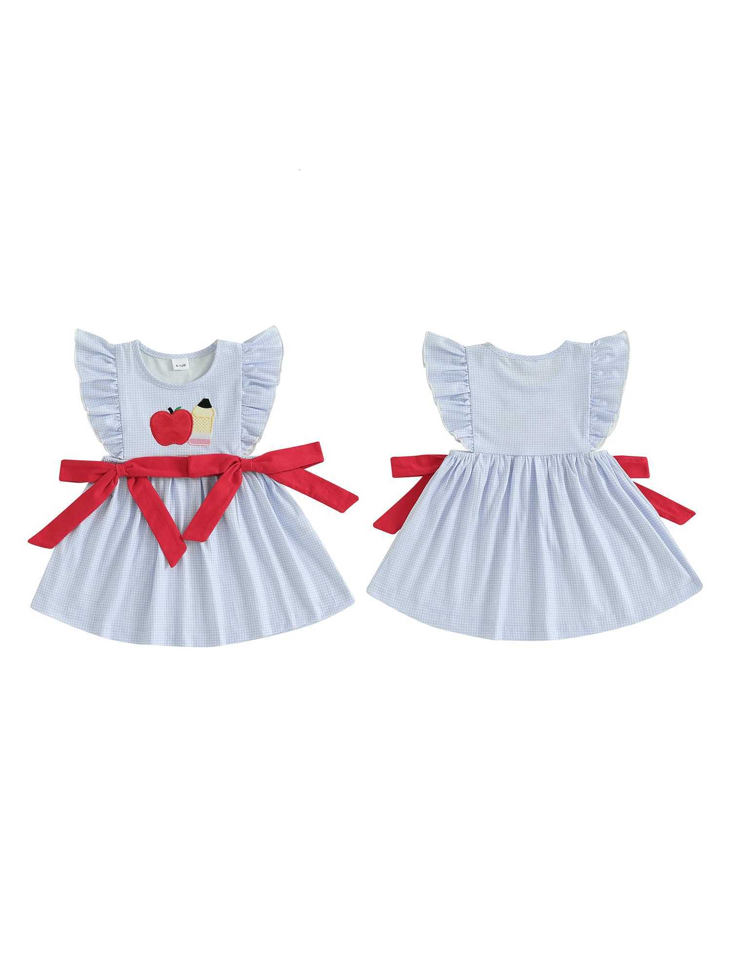 Adorable Baby Girl Summer Dress with Embroidered Flowers Plaid Bows and Flutter Sleeves - Loose Fit Ruffled Trim Dress W250811