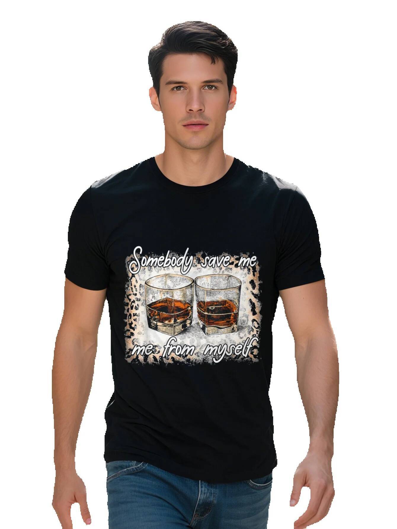 Men s Cotton Graphic T-Shirt Somebody Save Me Country Music Leopard Print Black Casual Short Sleeve Tee for