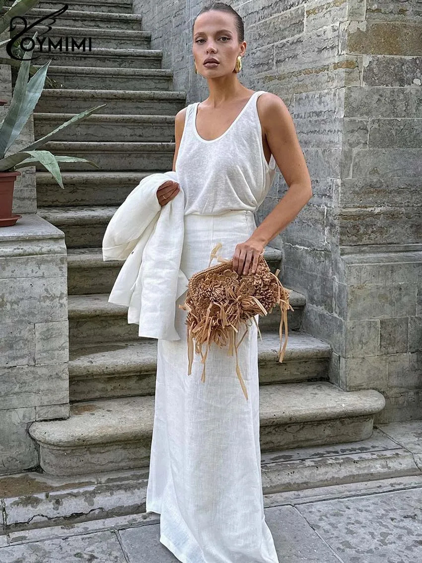 Oymimi Casual White Two Piece Set For Women Elegant Long Sleeve Pockets Blazers And High Waist Straight Floor-Length Skirts Sets 250811