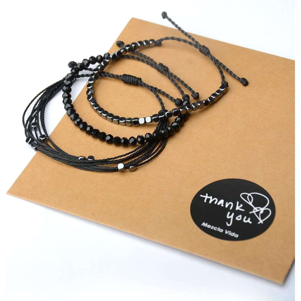 3 Pcs Handmade Women's Stackable Bracelet Set, Adjustable Rope Bracelets with Hematite and Glass Beads