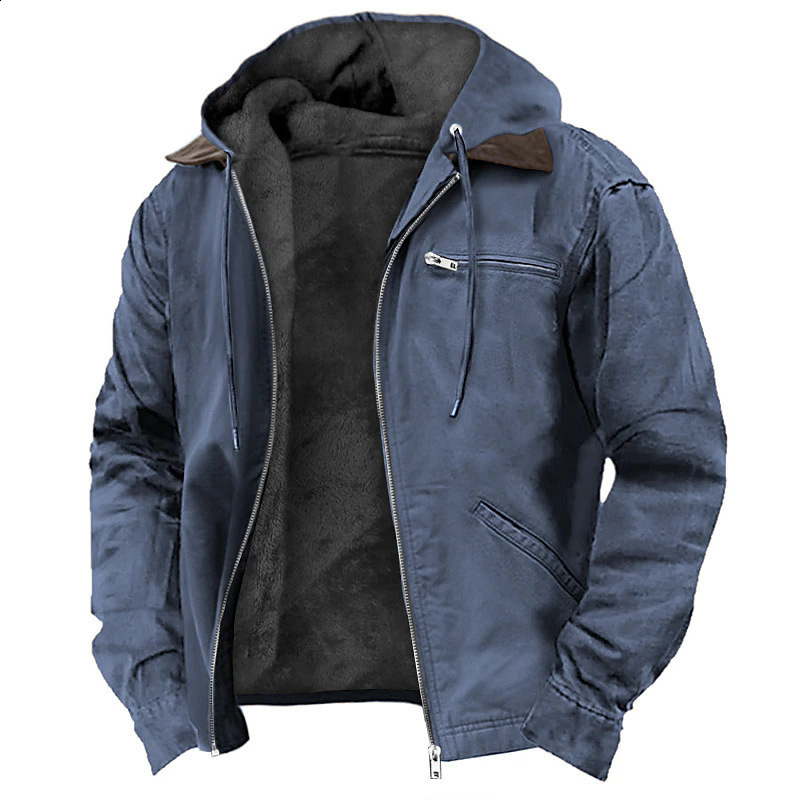 Solid Color Hooded Cotton Jacket Casual Mens Fleece Lined Zipper Pocket Jacket Coat 250808
