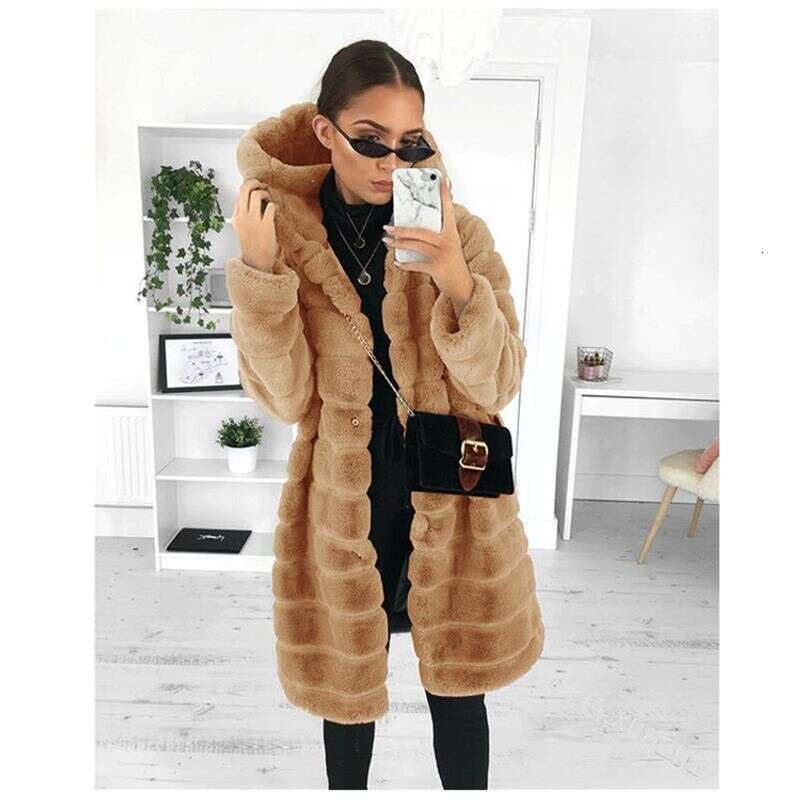 Women's Clothing Hot Selling Autumn And Winter Solid Color Plush Hooded Mid Length Coat For Women
