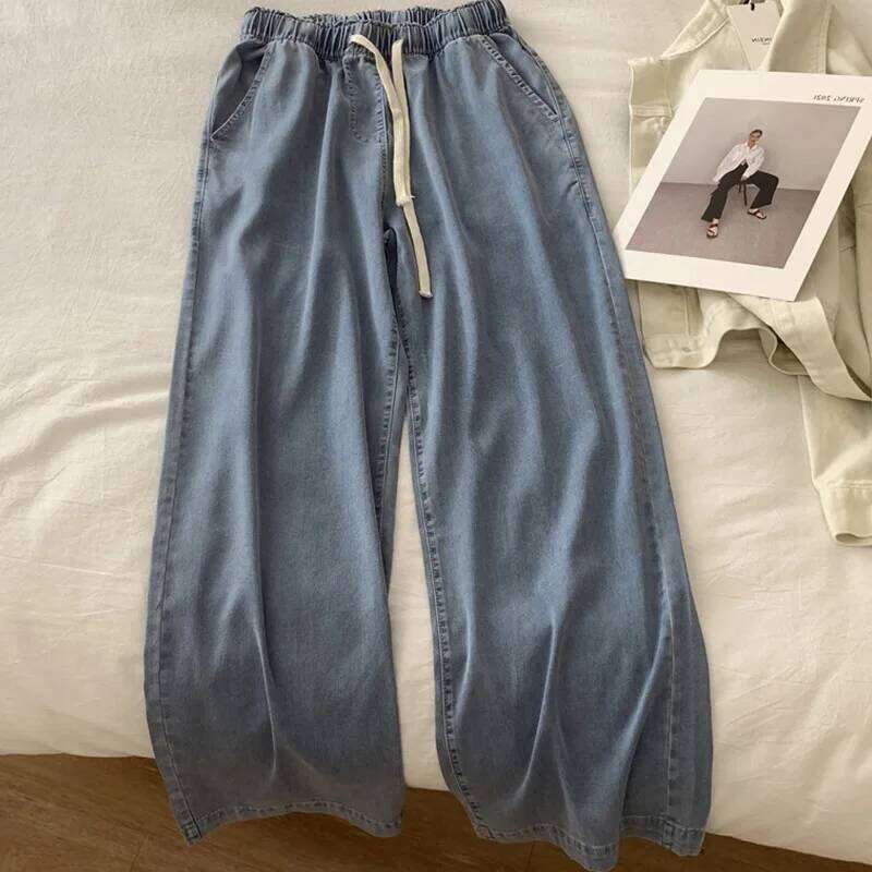 Women's 2025 New Fashion Side Pocket Decoration Loose Jogging Wide Leg Jeans Retro Elastic Waist Drawstring denim pants