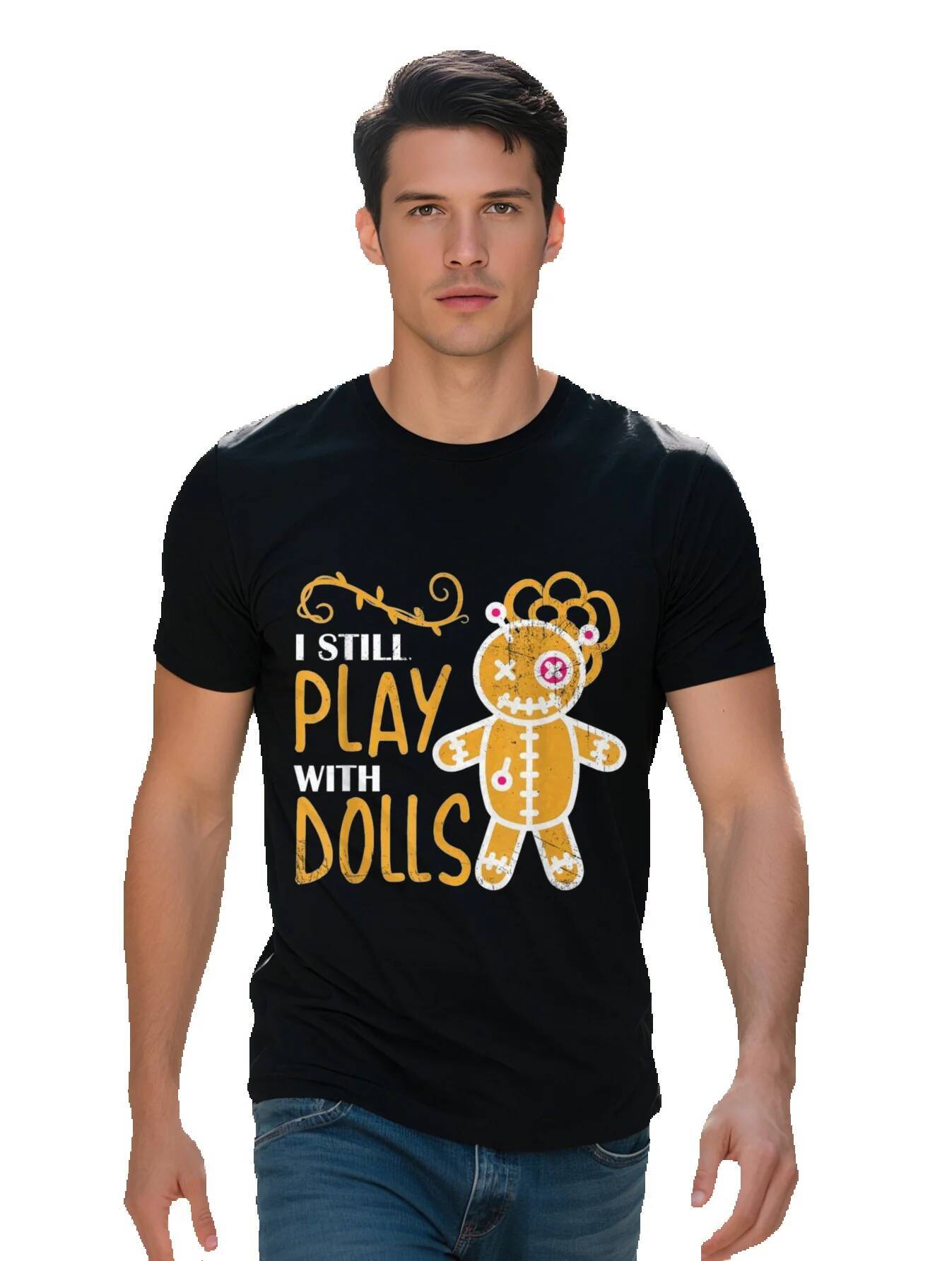 Men s I Play Dolls T Cotton Fun Costume with Voodoo Doll Design Black Casual Short Sleeve Shirt Adults 7de3f c8f95