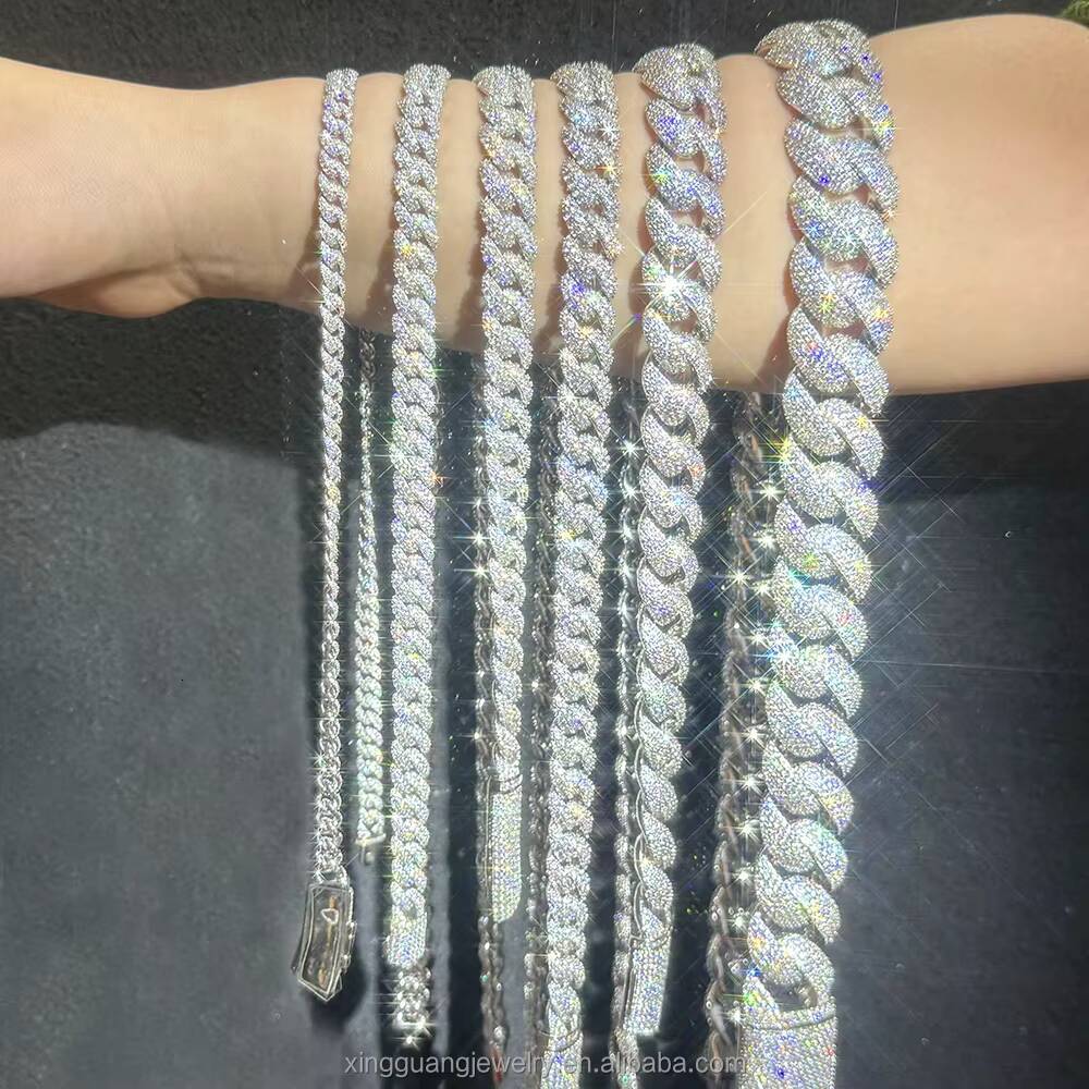 Hot Sale 6 to 13 mm Wide Hip Hop Ice Out Necklace Moissanite Cuban Chain Silver VVS Diamond Cuban Link Chain