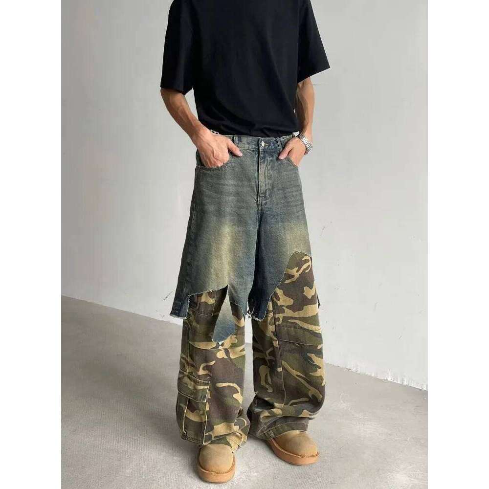 2025 Ropa Y2K Grunge Camouflage Patchwork Baggy Stacked Jeans Pants For Men Clothing New Rock Wide Leg Straight Denim Trousers