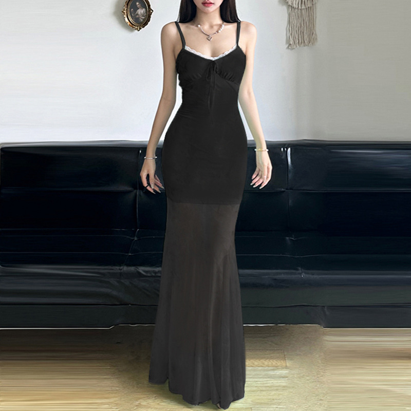 2025 Summer New Women's Spring/Summer Fresh Mint Green Mesh Belt Dress Lace Patch Chest High Waist Mermaid Princess Long Dress fashion New Design