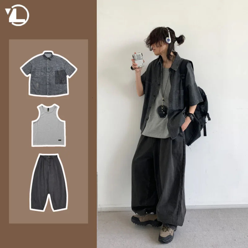 Korean Casual 3- Pcs Sets Mens Multi Pocket Denim ShirtSolid Color VestFashion Street Jeans Suits Y2k Hip Hop Sets 250811