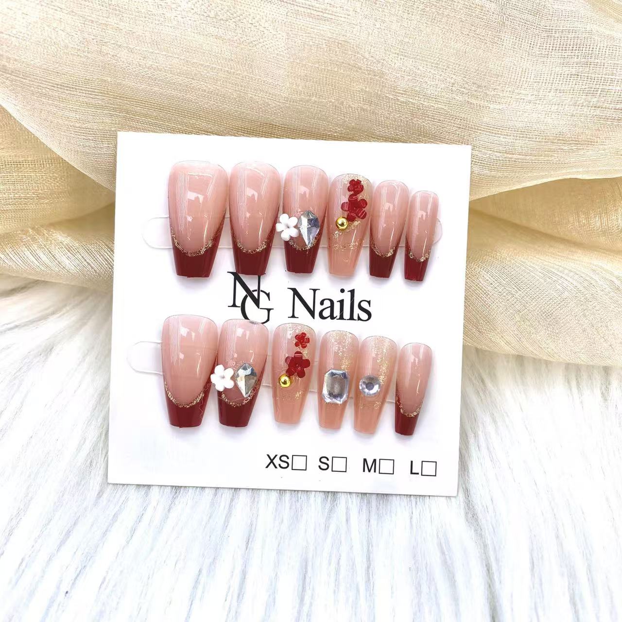 Handmade Fake Nails 24pcs Long Coffin Nude Burgundy Glitter French Tip Nail Art with Flowers Rhinestones Full Cover press on nails