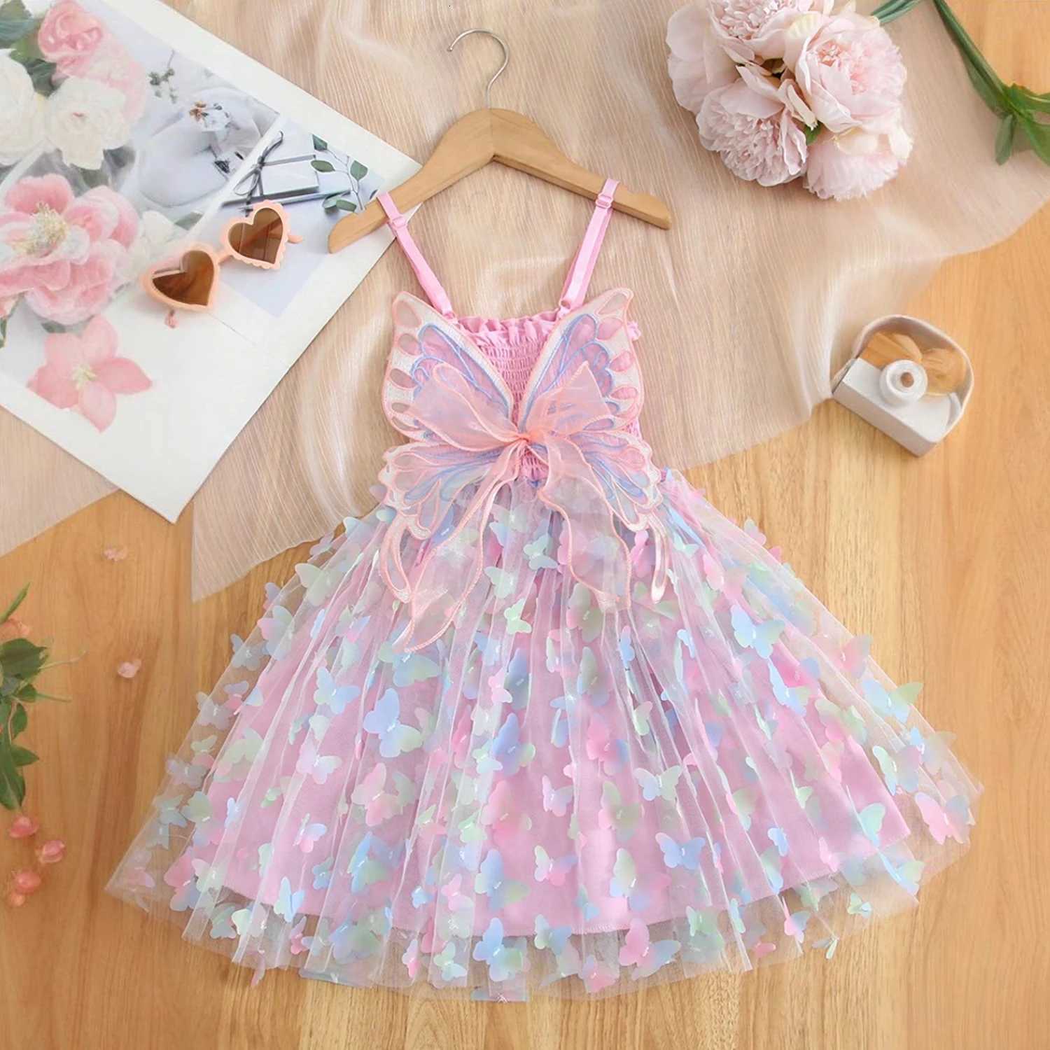 Fairy Butterfly Dress for Girls Sling Tulle Wrinkle Dresses Kids Birthday and Weddings Dress with Rainbow Butterfly for 2-6 Years W250811