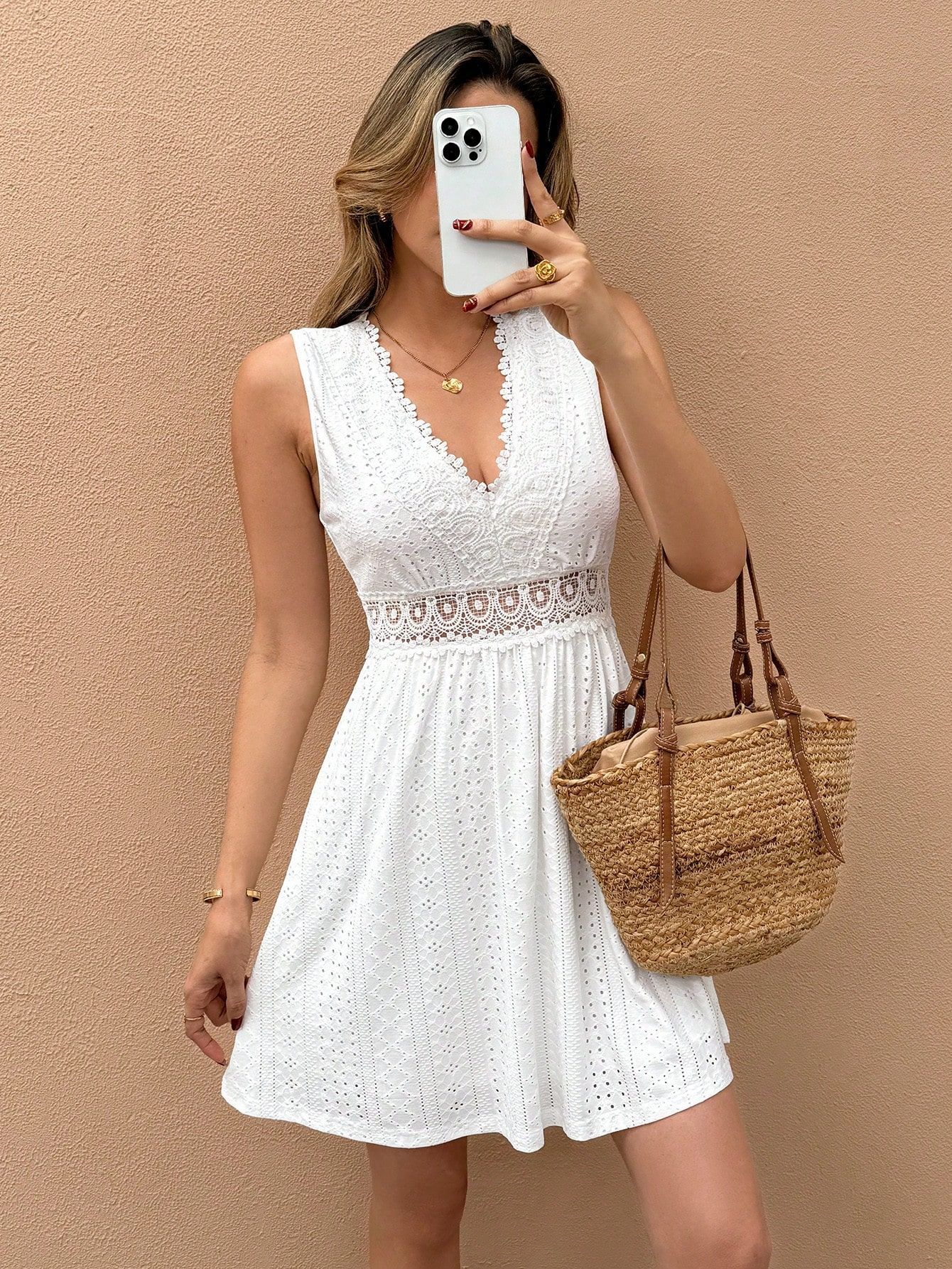 Ladies' white lace cut-out sleeveless dress