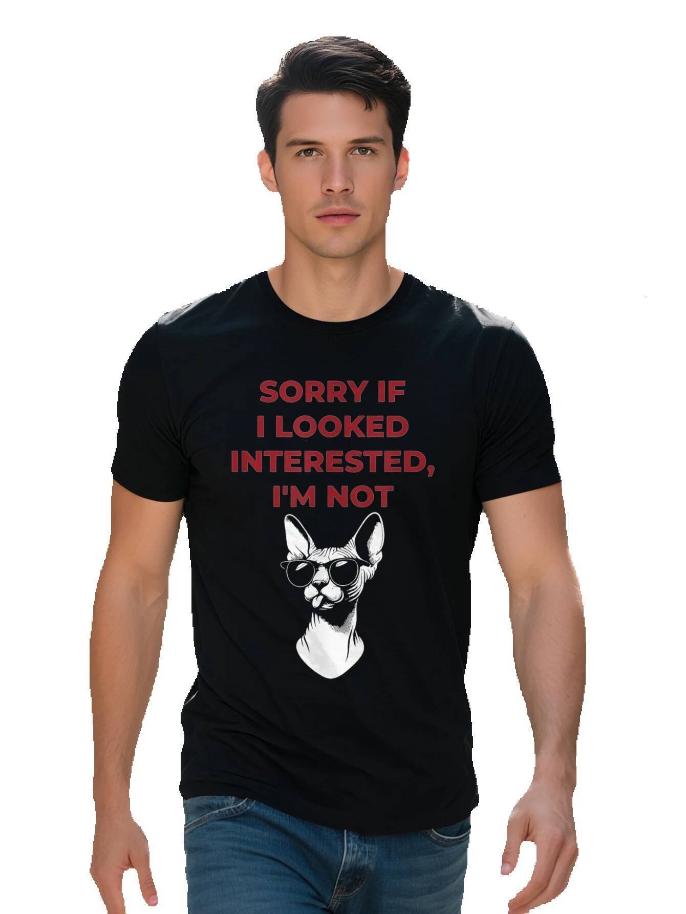 Men s g Cotton T Shirt Sorry If I Looked Interested I'm Not Funny Cat Graphic Tee with Fashion Glasses Black 96160