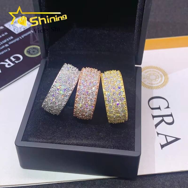 Fine Jewelry S925 Silver Hip Hop Three Rows Moissanite Ring Custom Iced Out Diamond Ring Band for Men Women