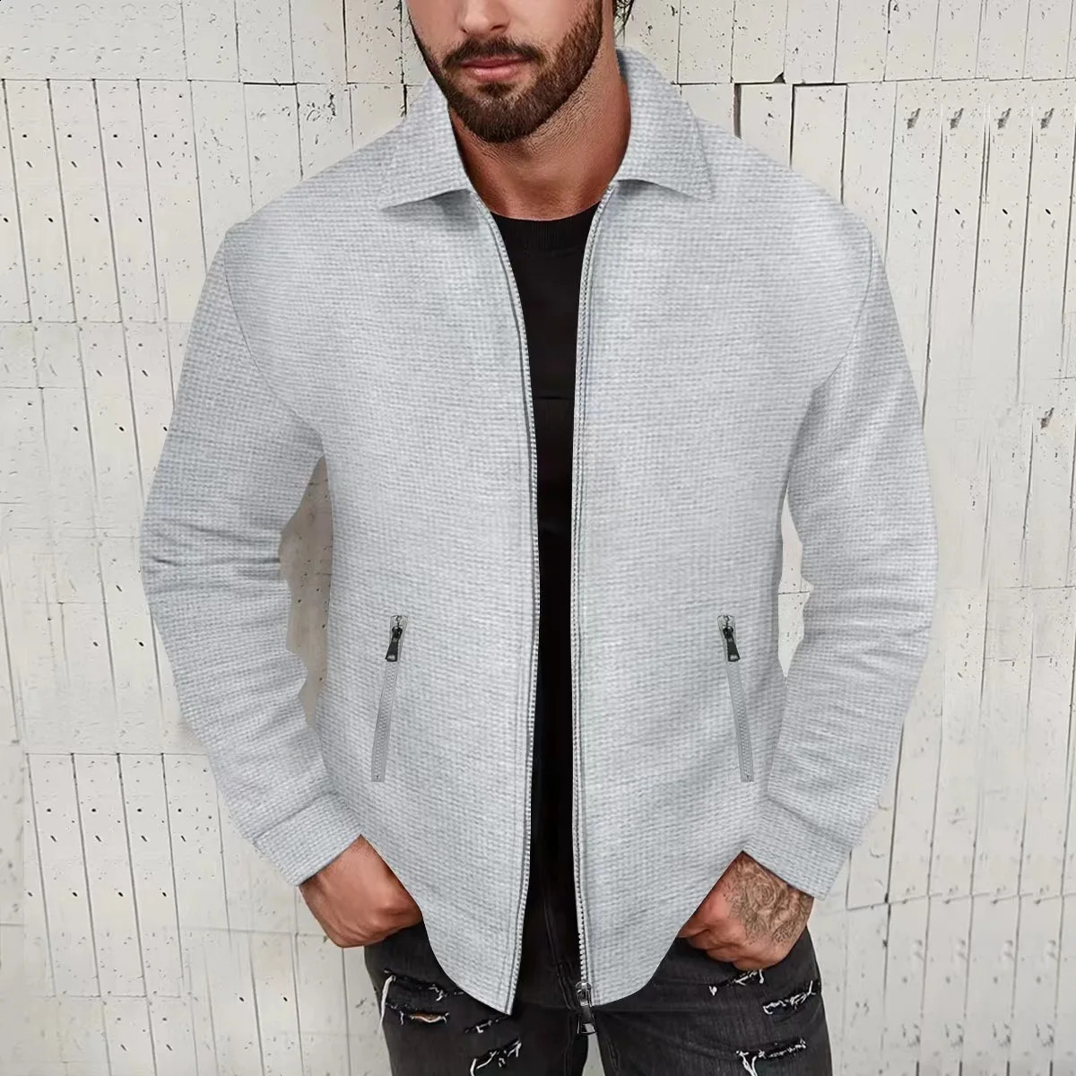 European and American cross-border waffle long-sleeved zipper jacket casual mens autumn coat 250809