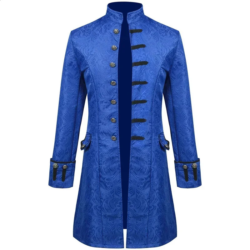 Mens Thin Stage Performance Jacket Long BlackBlue Standing Collar Jacquard Halloween Windbreaker 250729