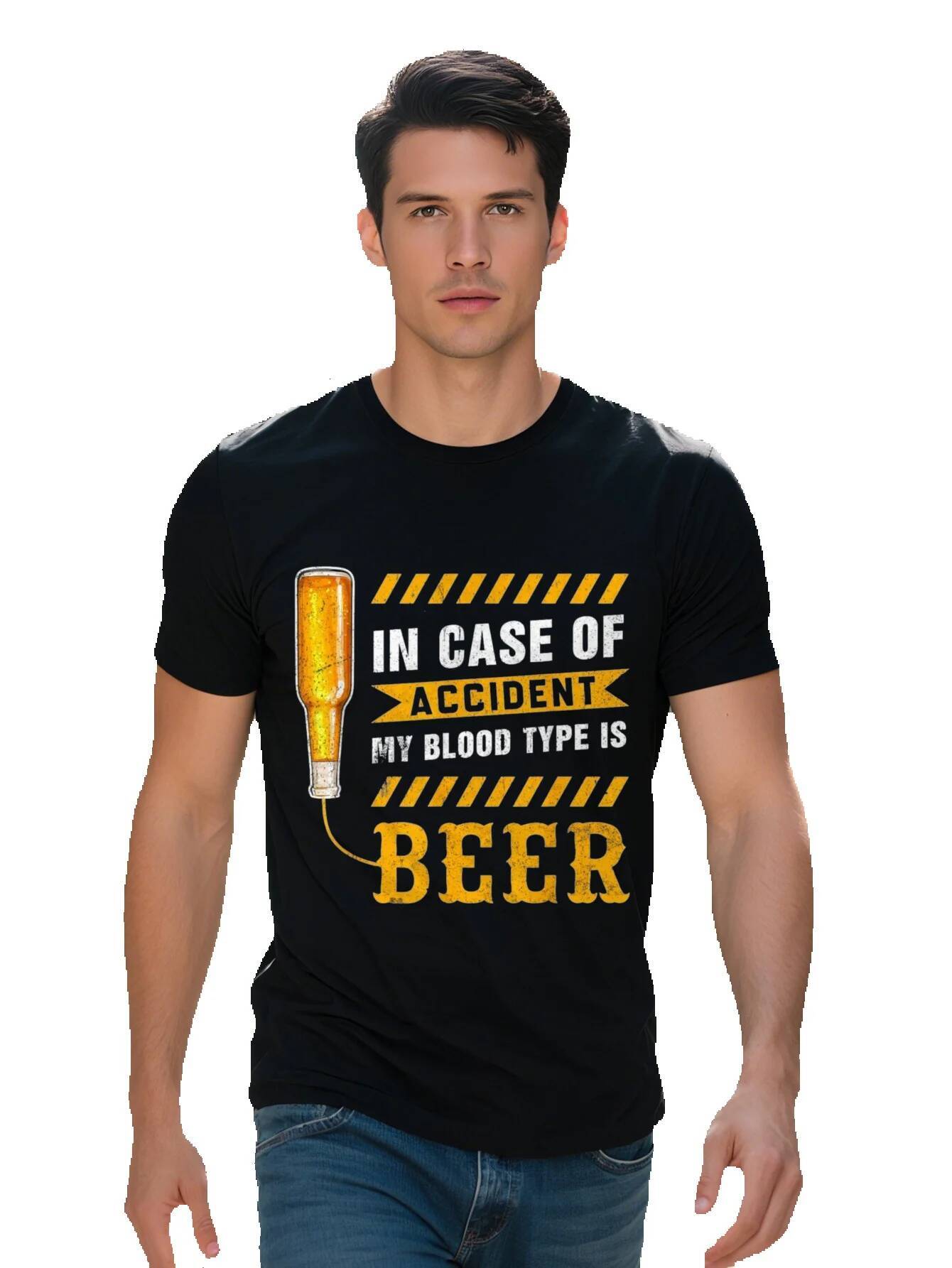 Men s g Cotton T Shirt In Case of Accident My Blood Type Is Graphic Tee with Beer Bottle Design Black Short 923e6 cebbd
