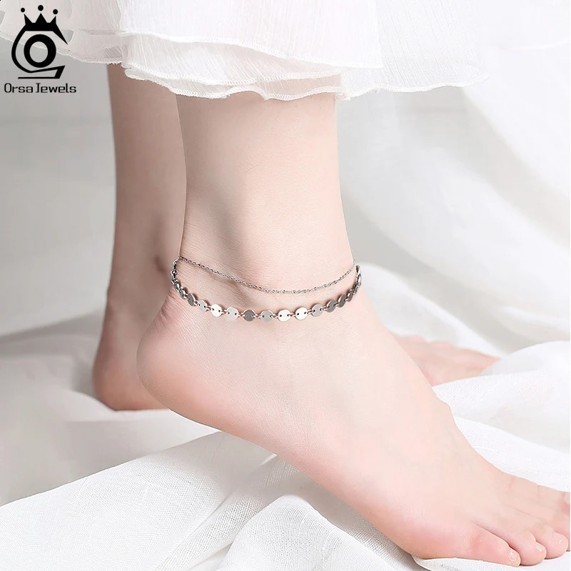 ORSA JEWELS 925 Sterling Silver Coin Cable Layered Chain Anklets for Women Fashion Summer Foot Chain Bracelet Jewelry SA15 250807