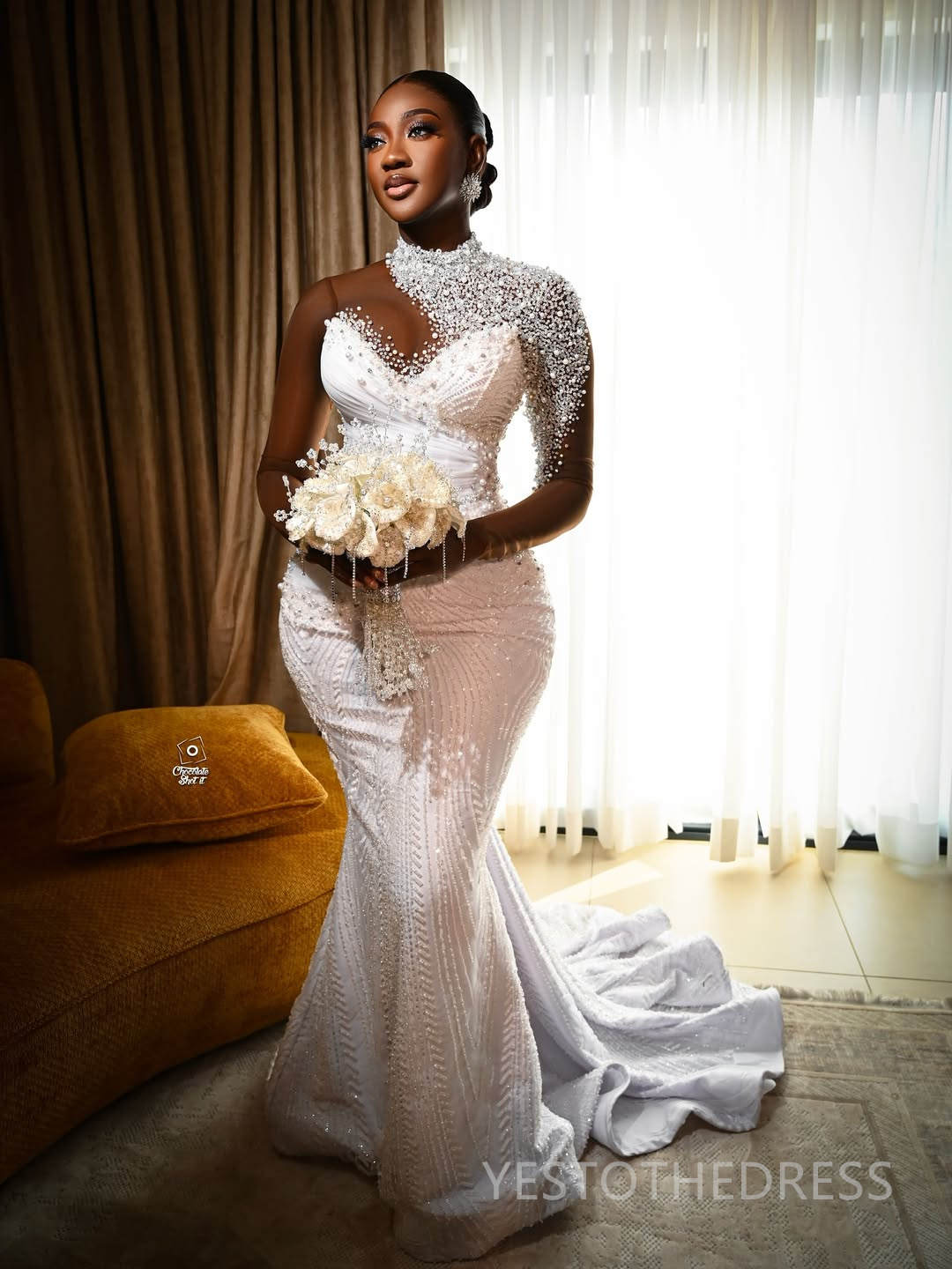 2025 Elegant African Wedding Dress Bridal Gowns For Bride Mermaid High Neck Illusion Long Sleeves Beaded Lace Pearls Ruffles Wedding Gowns For Black W