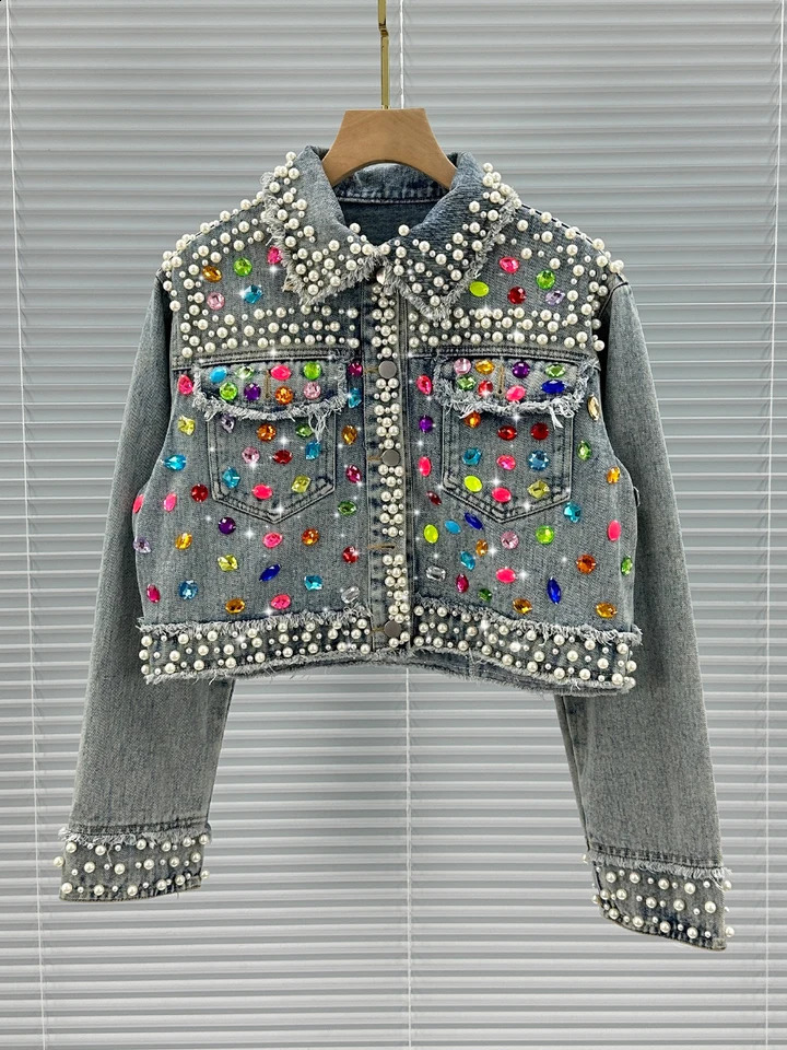 Embellished Denim Jacket for Women Fall Crystal Beaded Cropped Jean Coat Long Sleeve Slim Fit Fashion Rhinestone Top 250804