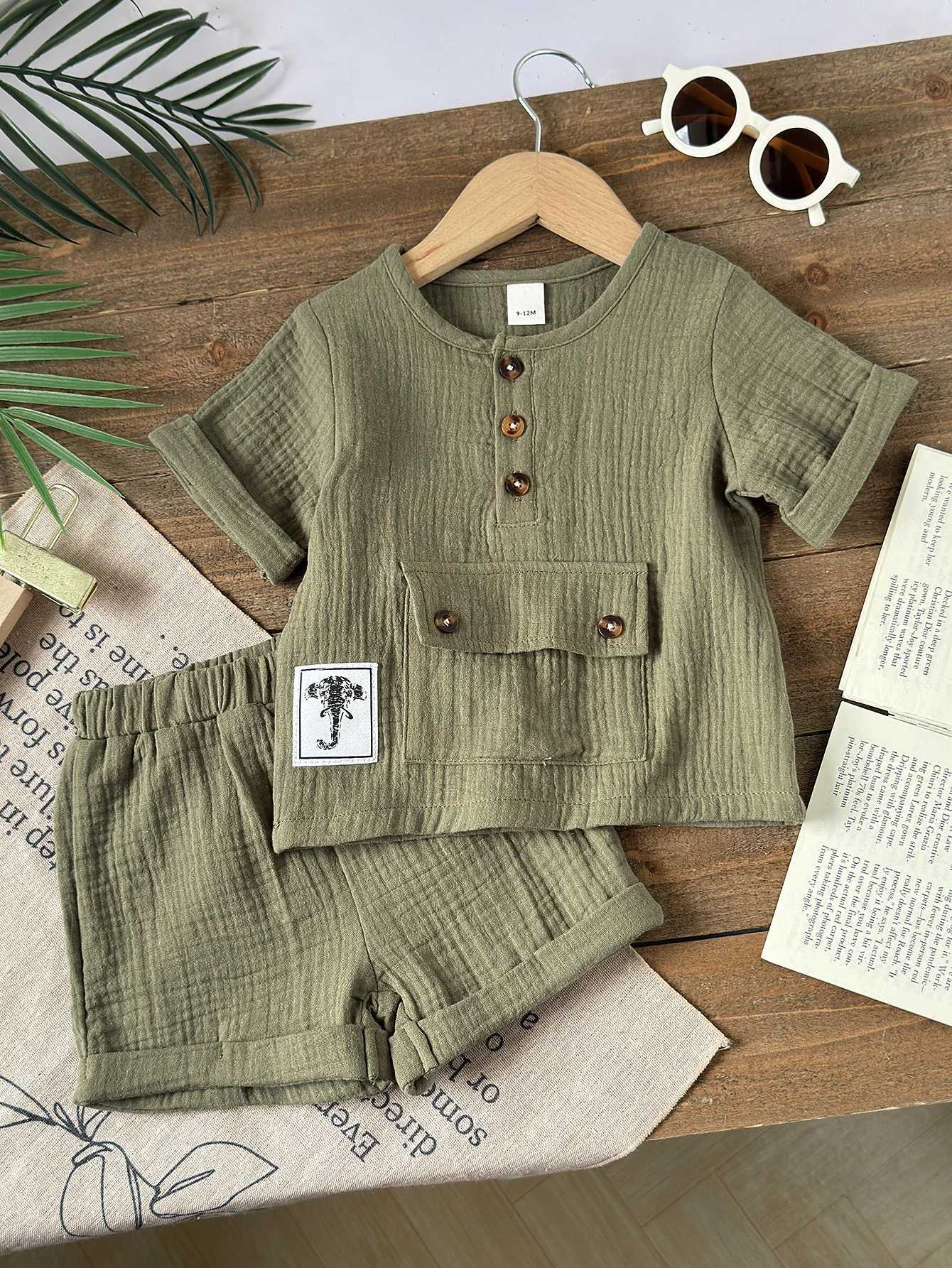 Military Green Baby Boy Summer Cotton And Linen Suit Round Neck Rolled-Sleeve Button-Up Pocket Design T-Shirt And Shorts Set Z250811
