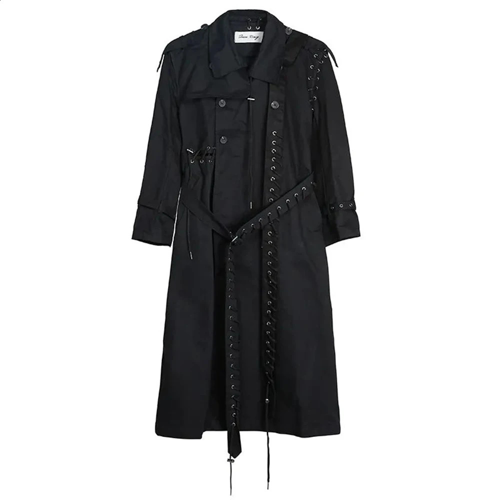 Mens Harajuku Rope Splicing Dark Style MidLength Casual Jacket Genderless Autumn Winter Japanese Solid Color Windbreaker Unisex 250804