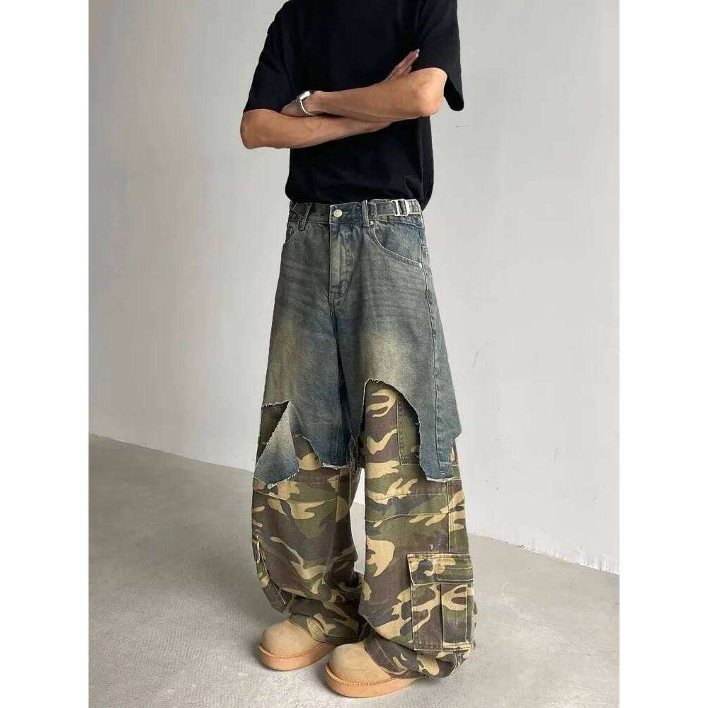 2025 Ropa Y2K Grunge Camouflage Patchwork Baggy Stacked Jeans Pants For Men Clothing New Rock Wide Leg Straight Denim Trousers