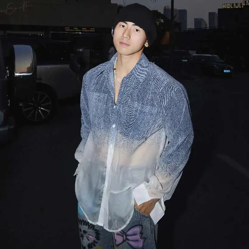 FEWQ Niche Mens Shirts Lapel Denim Single Breasted Long Sleeved Casual Gradient Color Loose Male Pocket Top Chic 24K3470 250811