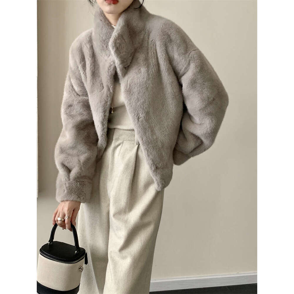 Windproof stand up collar faux fur coat, mink leather jacket, warm winter