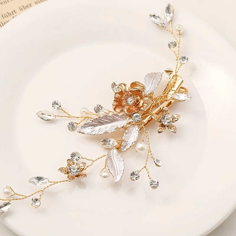 Trendy Gold Silver Color Flower Leaf Crystal Hairpin Headband Tiara Bridal Wedding Hair Accessories Headpiece Jewelry Ornaments 250804