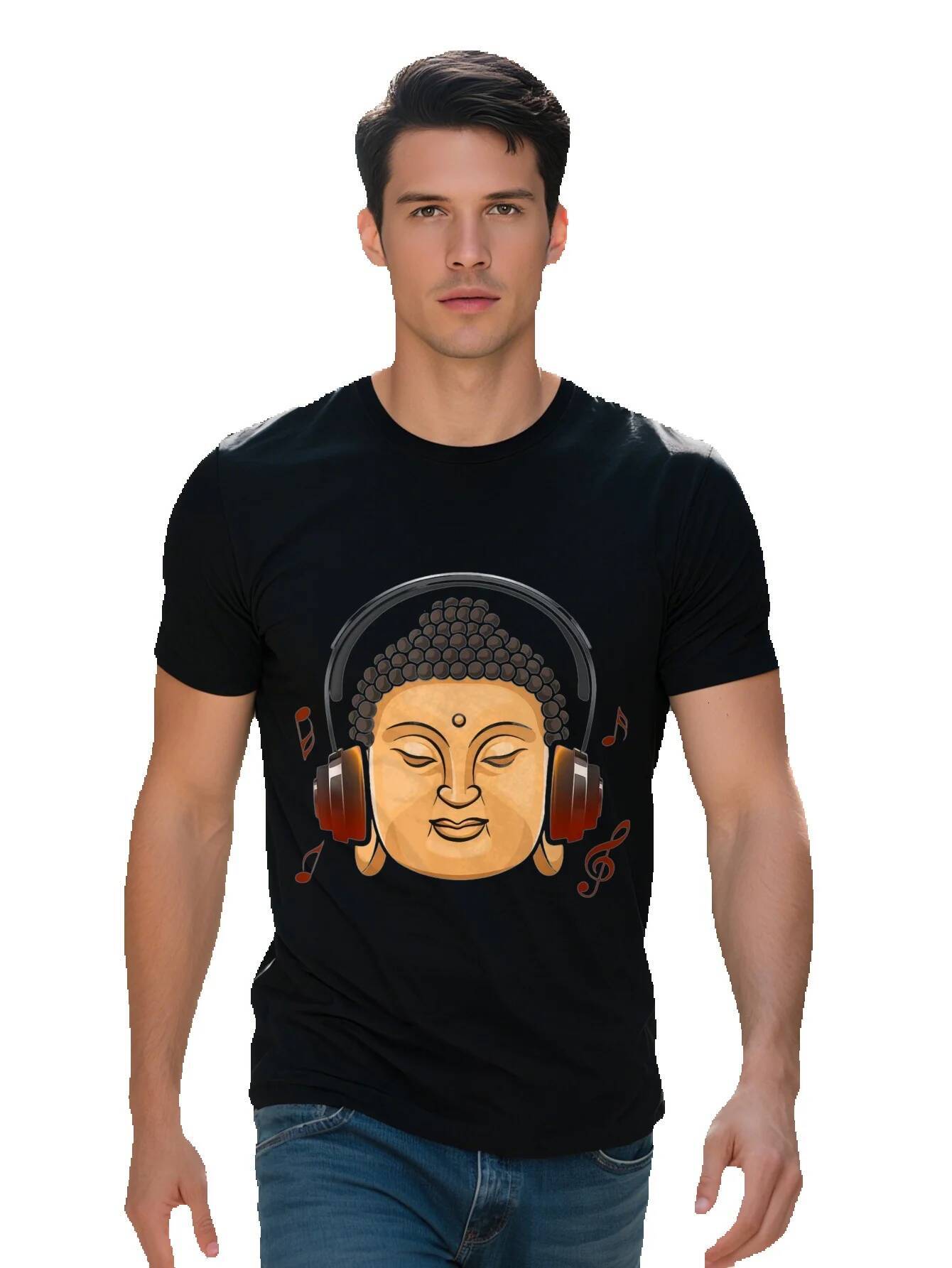 Vintage Buddha with Headphones Graphic Cotton Short S Round Neck Black T Shirt for Casual e0019 51273
