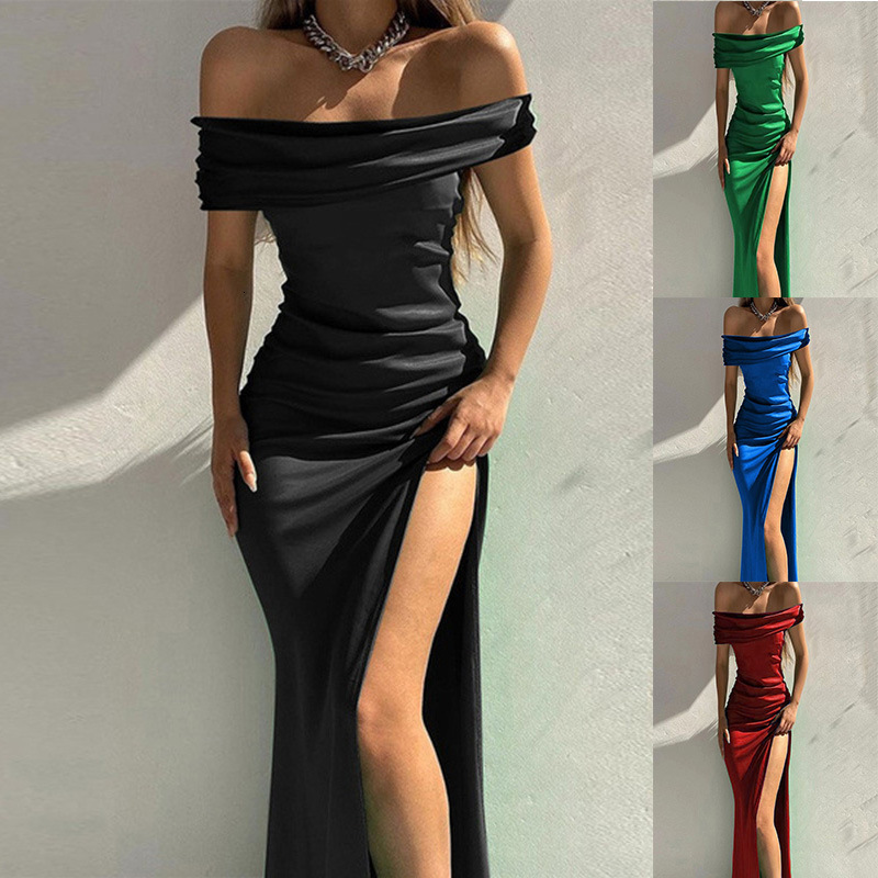 2025 Summer New Women's European and American New Dress Solid color Short sleeved trend Medium length Off Shoulder Dress Sexy Evening Dress New D