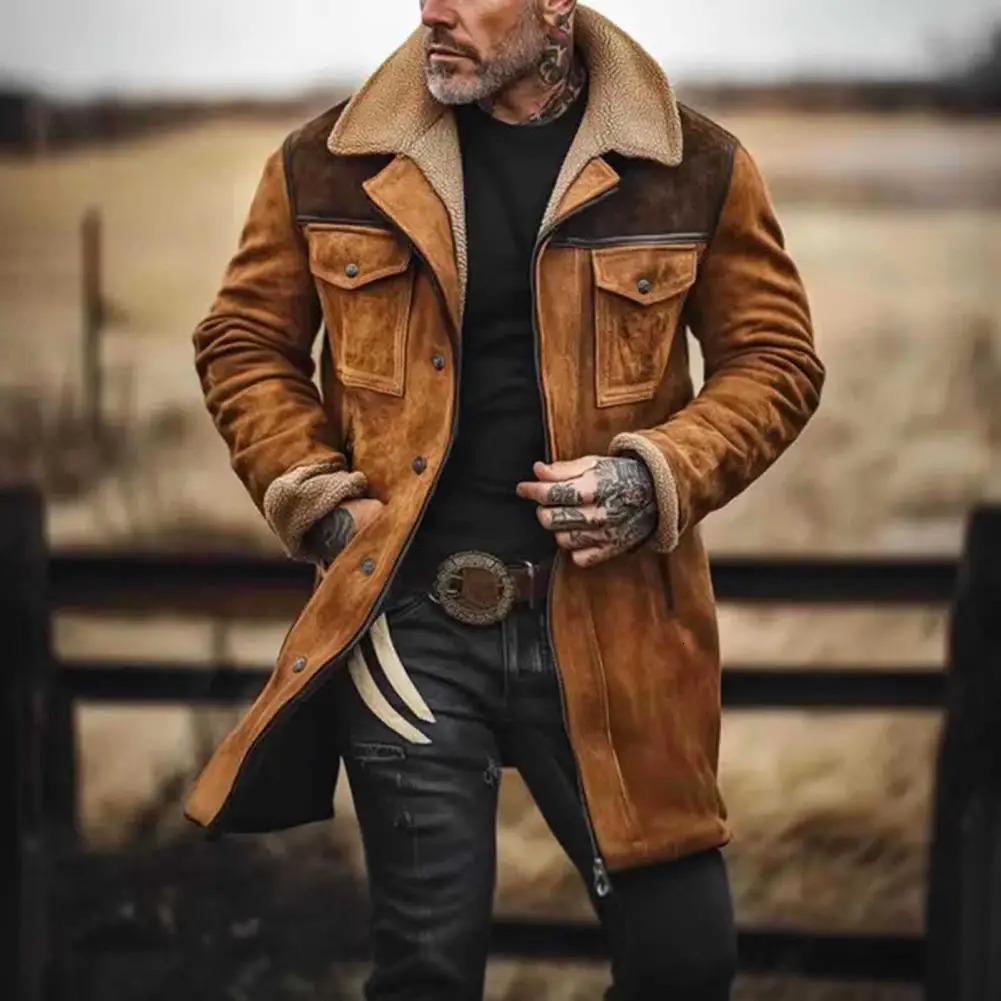Fashion Men Jacket Large Plush Lapel Long Sleeve Vintage Suede with Pockets Zipper Up Midlength Motorcycle Coat 250811