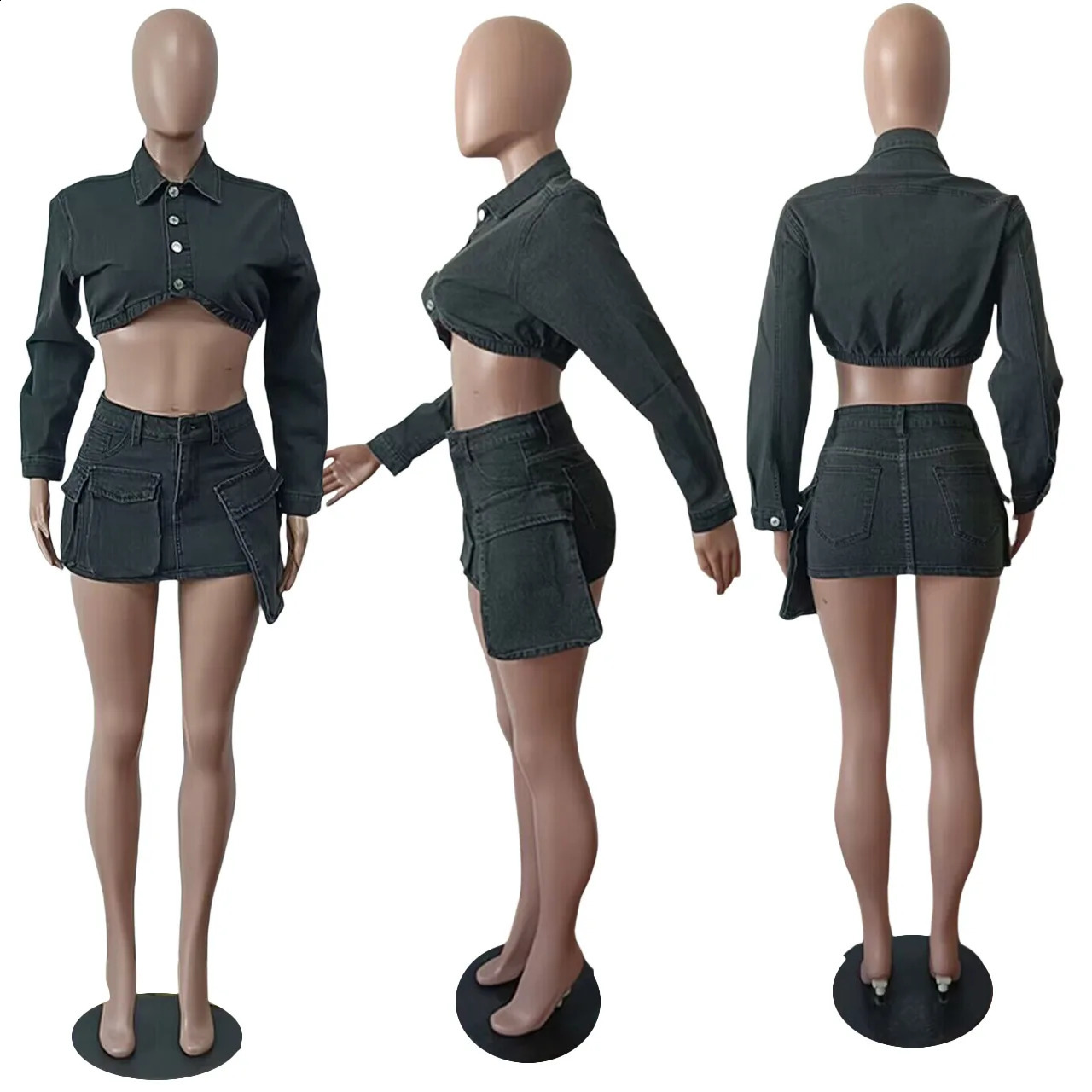 Denim 2 Piece Sets Women Short Skirt Long Sleeve Jacekt Outfits Top High Waist Sexy Party Night Suits Ensemble Streetwear 250806