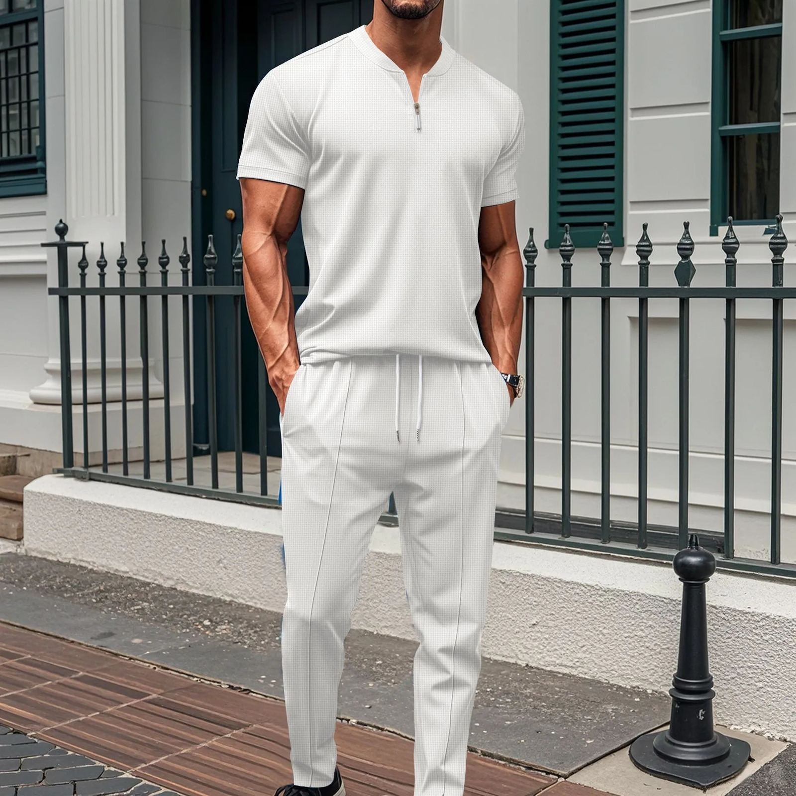 2025 Mens waffle collar small zipper solid color polo shirt top mens T-shirt short sleeve trousers two sets 250811